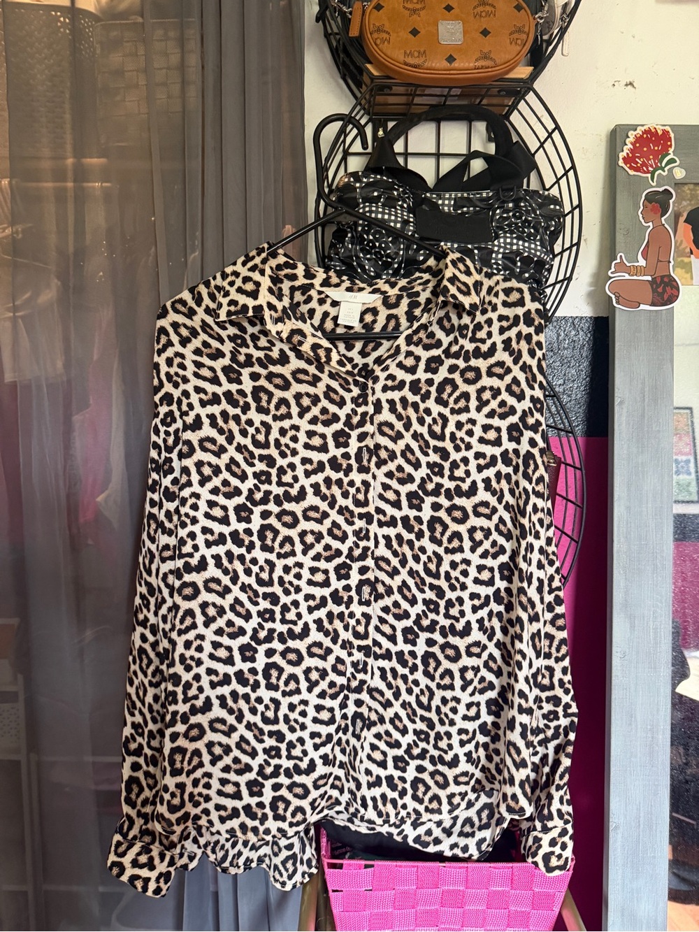 Leopard Print Button-Up Blouse - Beige & Black